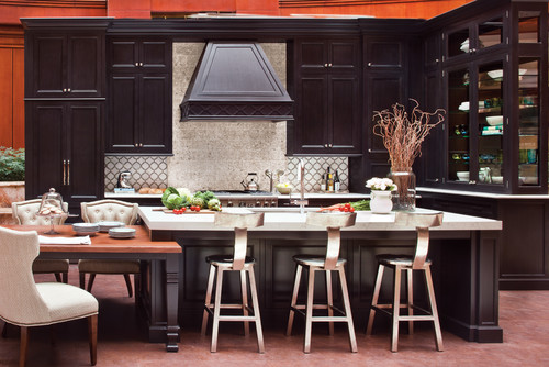 Cambria Torquay Countertop and Island Top with Espresso Cabinets and Cambria New Quay Tiles
